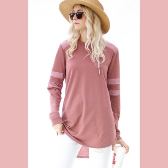Long Stripe Sleeve Casual Top Pink High Low - Picture 2 of 7